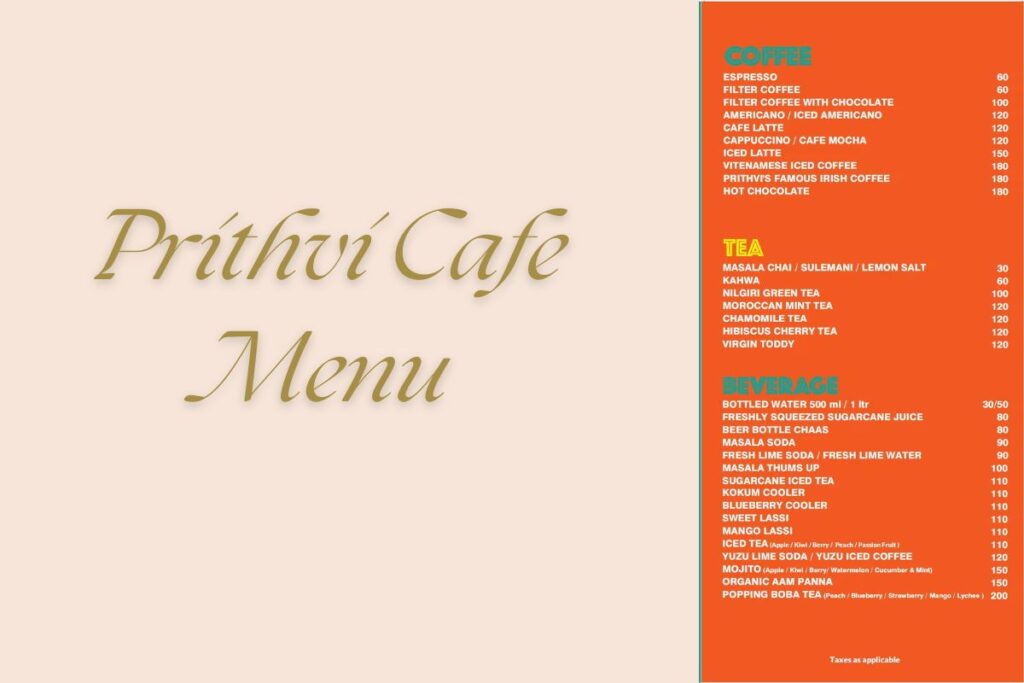 Prithvi Cafe Menu
